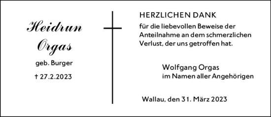 Traueranzeige von Heidi Orgas von Hinterländer Anzeiger