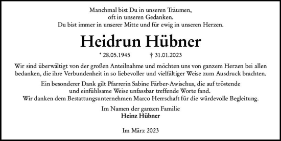 Traueranzeige von Heidrun Hübner von Odenwälder Echo