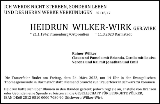 Traueranzeige von Heidrun Wilker-Wirk von Darmstädter Echo