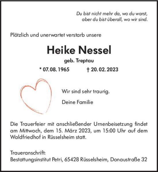 Traueranzeige von Heike Nessel von Rüsselsheimer Echo