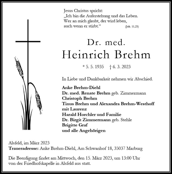 Traueranzeige von Heinrich Brehm von VRM Trauer