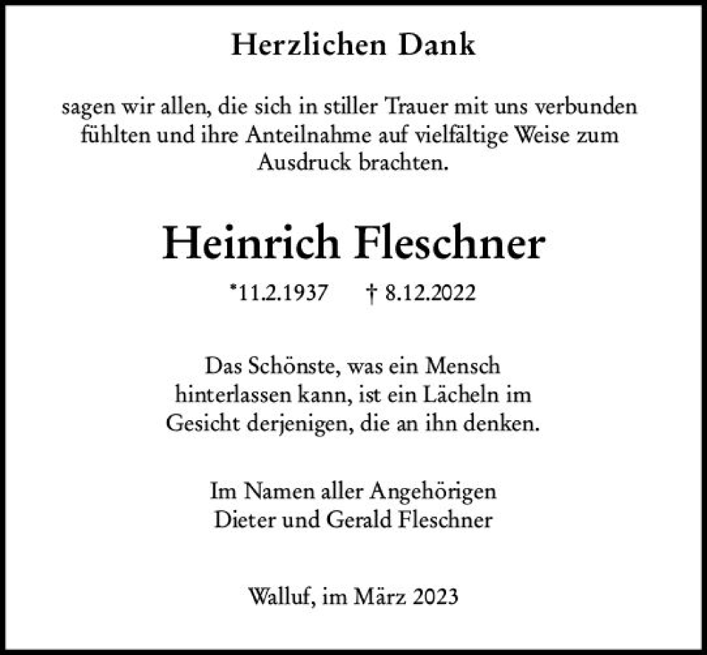  Traueranzeige für Heinrich Fleschner vom 18.03.2023 aus Wiesbadener Kurier