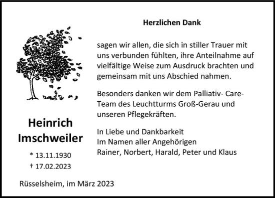 Traueranzeige von Heinrich Imschweiler von Rüsselsheimer Echo