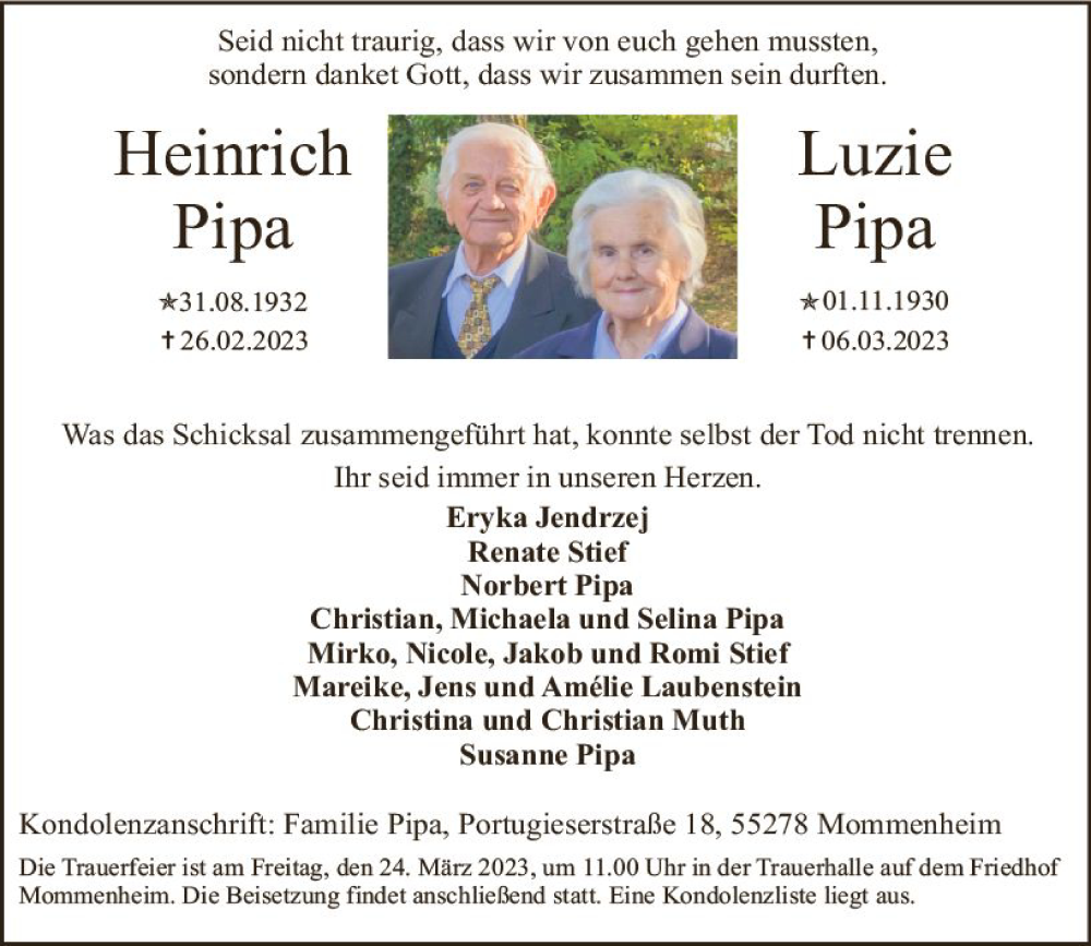  Traueranzeige für Heinrich Pipa vom 18.03.2023 aus Allgemeine Zeitung Mainz