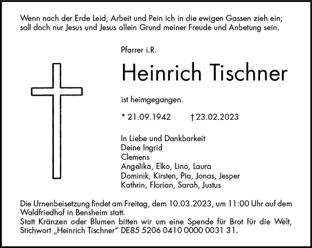  Traueranzeige für Heinrich Tischner vom 04.03.2023 aus Groß-Gerauer Echo
