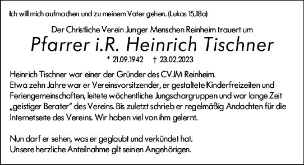  Traueranzeige für Heinrich Tischner vom 11.03.2023 aus Darmstädter Echo