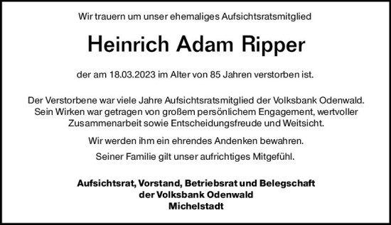 Traueranzeige von Heinrich Adam Ripper von Odenwälder Echo