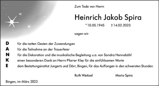 Traueranzeige von Heinrich Jakob Spira von Bingen/Ingelheim WOBL inkl. Neue Binger Ztg.