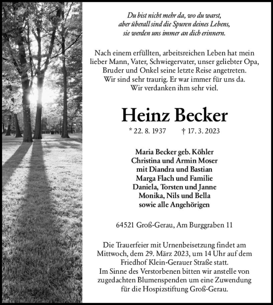 Traueranzeige von Heinz Becker von Groß-Gerauer Echo