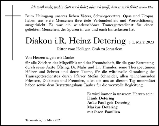 Traueranzeige von Heinz Detering von Wiesbadener Kurier