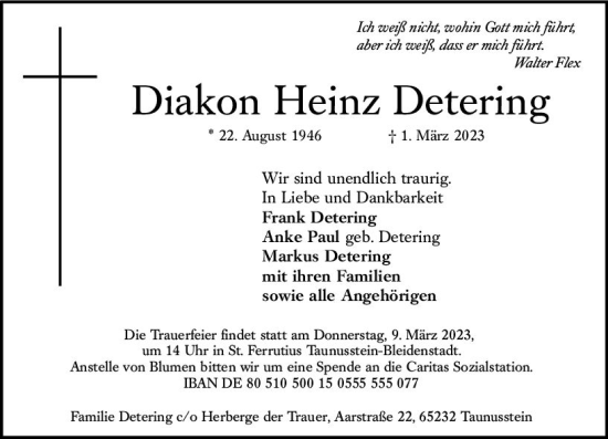 Traueranzeige von Heinz Detering von Wiesbadener Kurier
