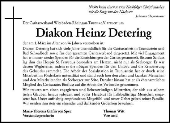 Traueranzeige von Heinz Detering von Wiesbadener Kurier