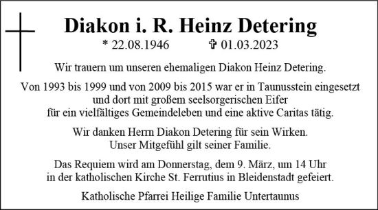 Traueranzeige von Heinz Detering von Idsteiner Land/Untertaunus