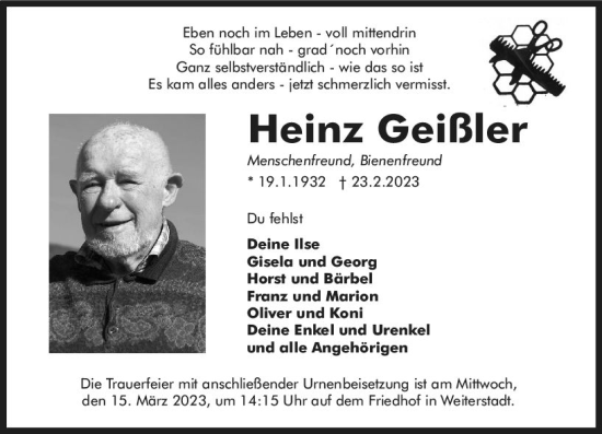 Traueranzeige von Heinz Geißler von Darmstädter Echo