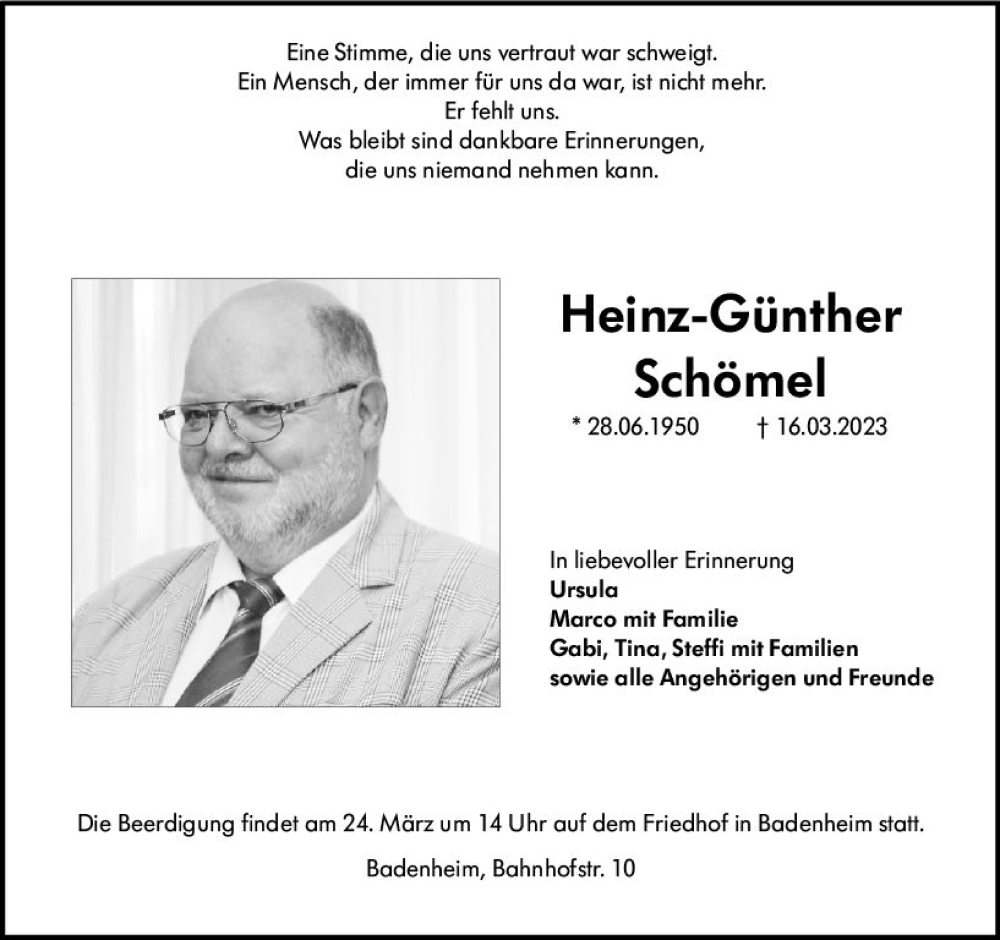  Traueranzeige für Heinz-Günther Schömel vom 21.03.2023 aus Allgemeine Zeitung Bad Kreuznach