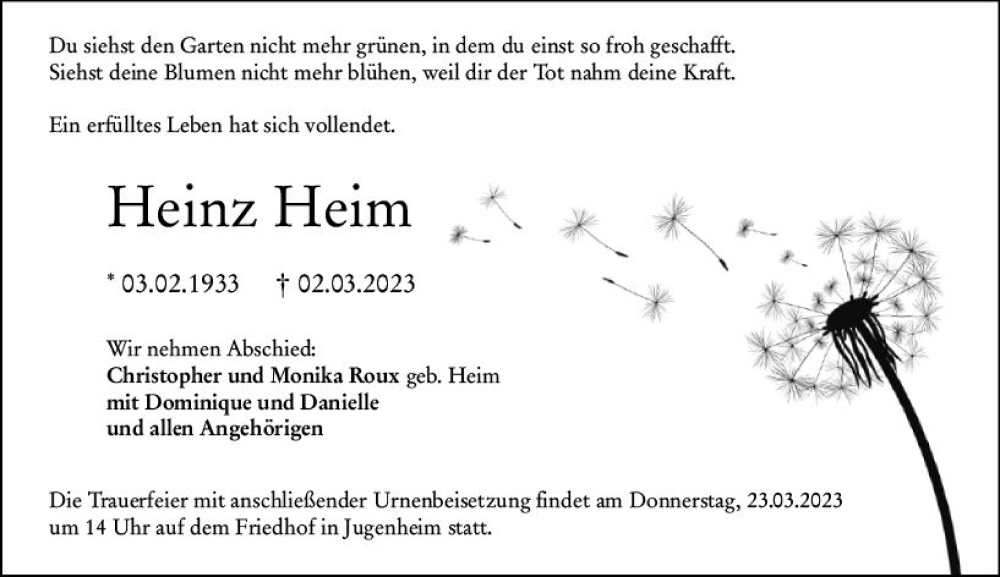  Traueranzeige für Heinz Heim vom 18.03.2023 aus Darmstädter Echo