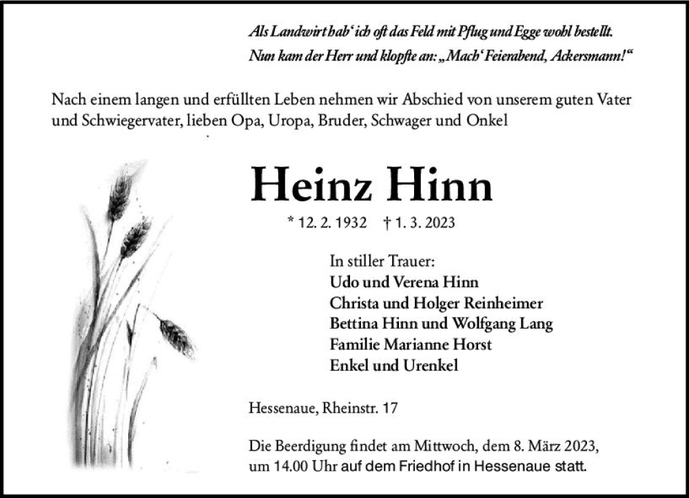  Traueranzeige für Heinz Hinn vom 04.03.2023 aus Groß-Gerauer Echo