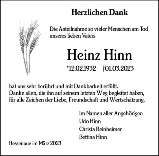 Traueranzeige von Heinz Hinn von Groß-Gerauer Echo
