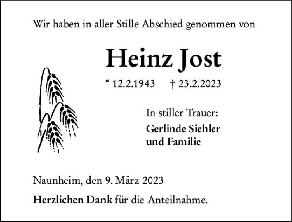  Traueranzeige für Heinz Jost vom 09.03.2023 aus Wetzlarer Neue Zeitung