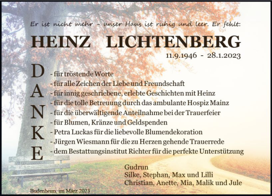 Traueranzeige von Heinz Lichtenberg von Allgemeine Zeitung Bingen/Ingelheim