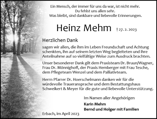 Traueranzeige von Heinz Mehm von Odenwälder Echo