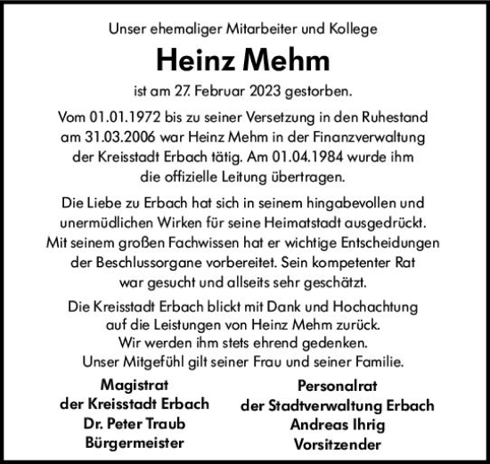 Traueranzeige von Heinz Mehm von Odenwälder Echo