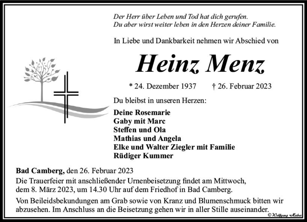  Traueranzeige für Heinz Menz vom 02.03.2023 aus Camberger Anzeiger