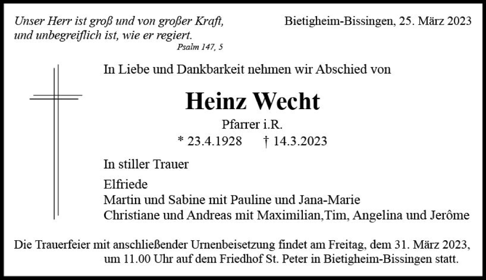  Traueranzeige für Heinz Wecht vom 25.03.2023 aus Darmstädter Echo