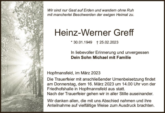 Traueranzeige von Heinz-Werner Greff von Oberhessen Kurier