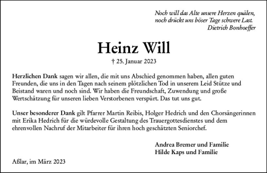 Traueranzeige von Heinz Will von Dill Block