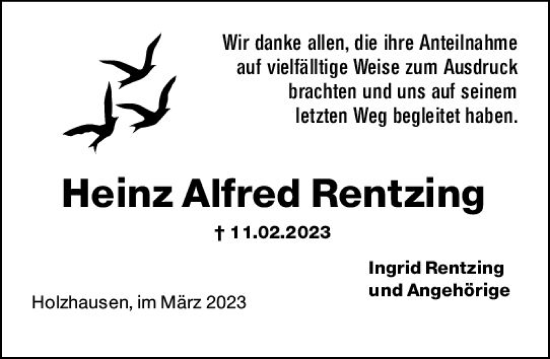 Traueranzeige von Heinz Alfred Rentzing von Hinterländer Anzeiger