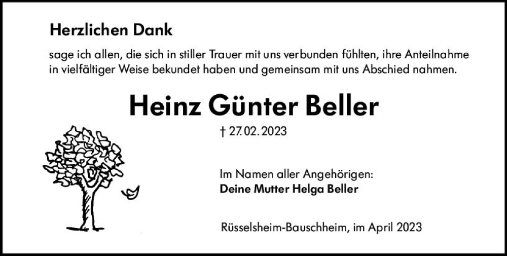  Traueranzeige für Heinz Günter Beller vom 01.04.2023 aus Rüsselsheimer Echo