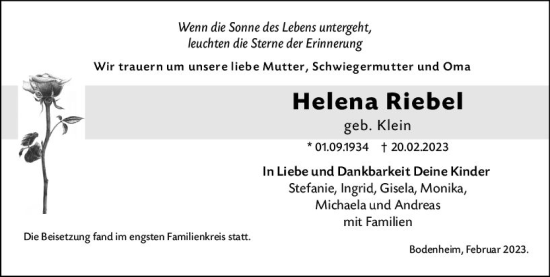 Traueranzeige von Helena Riebel von Allgemeine Zeitung Mainz