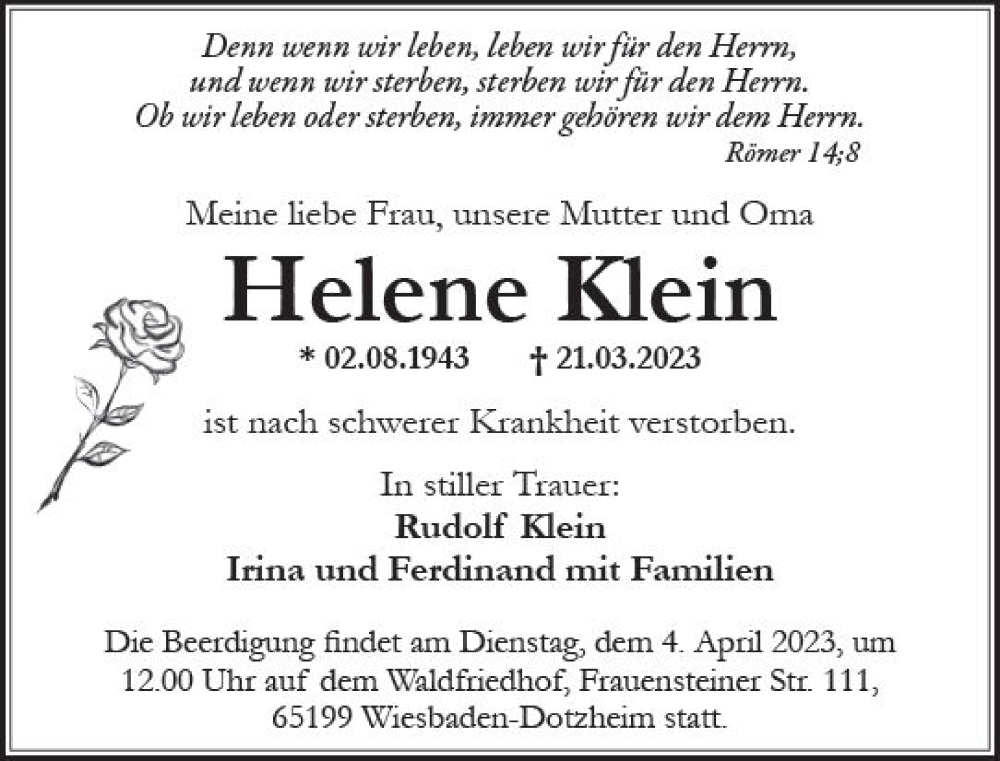  Traueranzeige für Helene Klein vom 25.03.2023 aus Wiesbadener Kurier