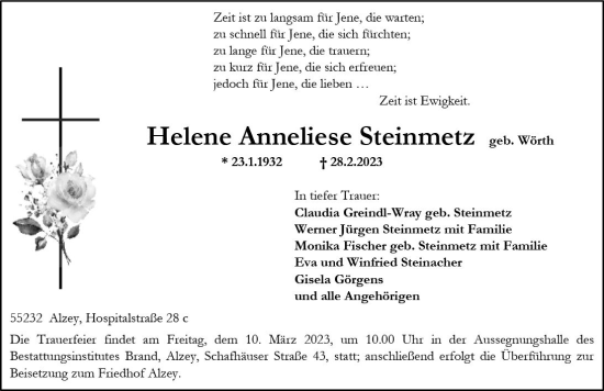 Traueranzeige von Helene Anneliese Steinmetz von Allgemeine Zeitung Alzey