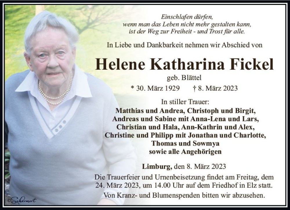  Traueranzeige für Helene Katharina Fickel vom 18.03.2023 aus Nassauische Neue Presse