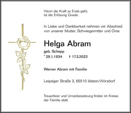 Traueranzeige von Helga Abram von Idsteiner Land/Untertaunus