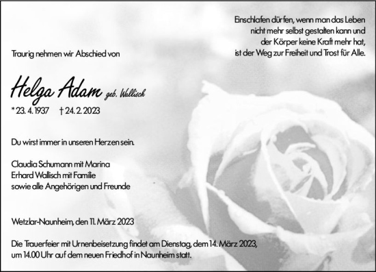 Traueranzeige von Helga Adam von Wetzlarer Neue Zeitung