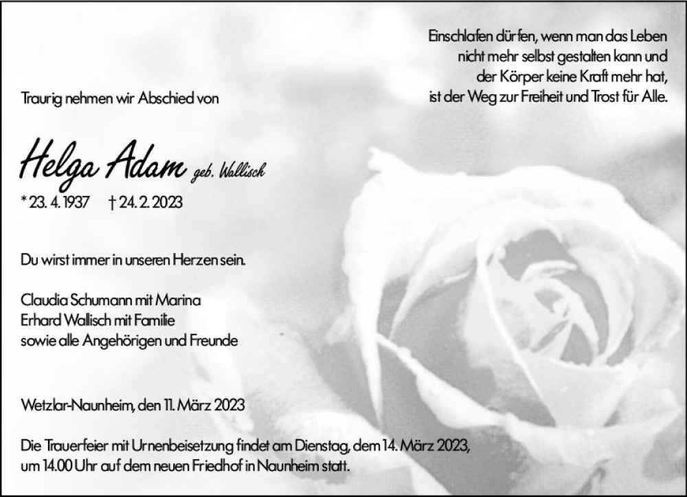  Traueranzeige für Helga Adam vom 11.03.2023 aus Wetzlarer Neue Zeitung