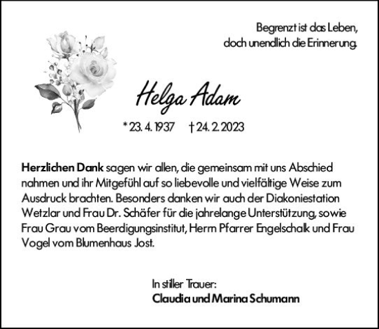Traueranzeige von Helga Adam von Wetzlarer Neue Zeitung