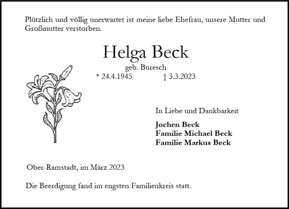  Traueranzeige für Helga Beck vom 11.03.2023 aus Darmstädter Echo