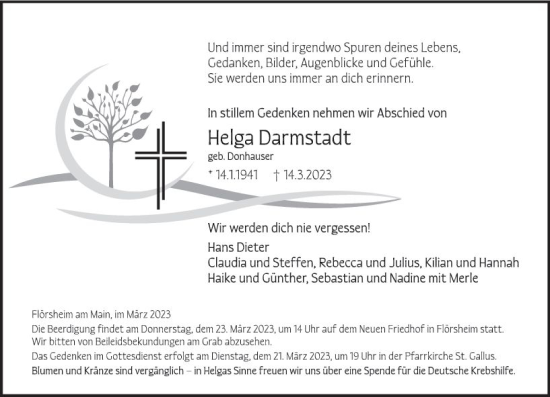 Traueranzeige von Helga Darmstadt von Rüsselsheimer Echo