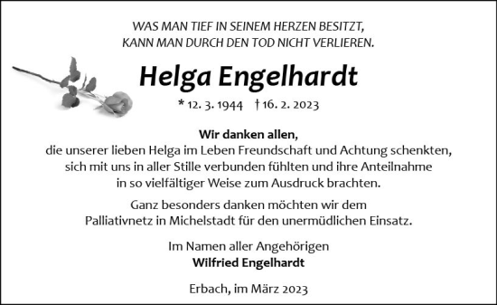 Traueranzeige von Helga Engelhardt von Odenwälder Echo