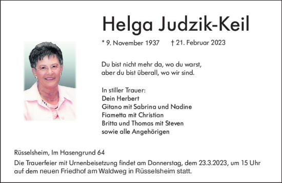 Traueranzeige von Helga Judzik-Keil von Rüsselsheimer Echo