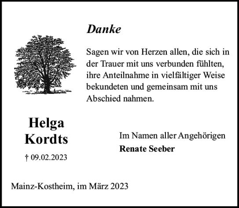  Traueranzeige für Helga Kordts vom 04.03.2023 aus Allgemeine Zeitung Mainz