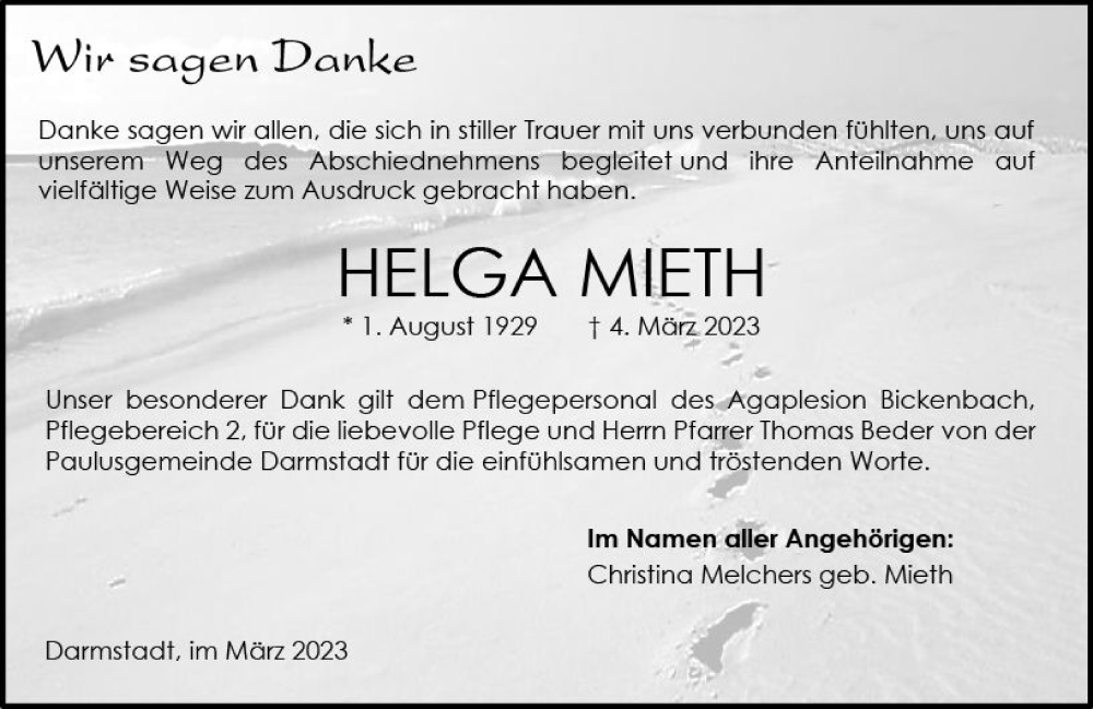  Traueranzeige für Helga Mieth vom 01.04.2023 aus Darmstädter Echo