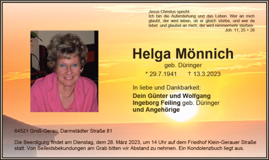 Traueranzeige von Helga Mönnich von Groß-Gerauer Echo