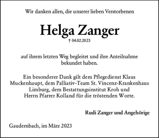 Traueranzeige von Helga Zanger von Weilburger Tageblatt