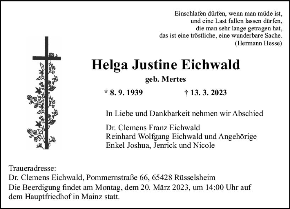  Traueranzeige für Helga Justine Eichwald vom 18.03.2023 aus Rüsselsheimer Echo