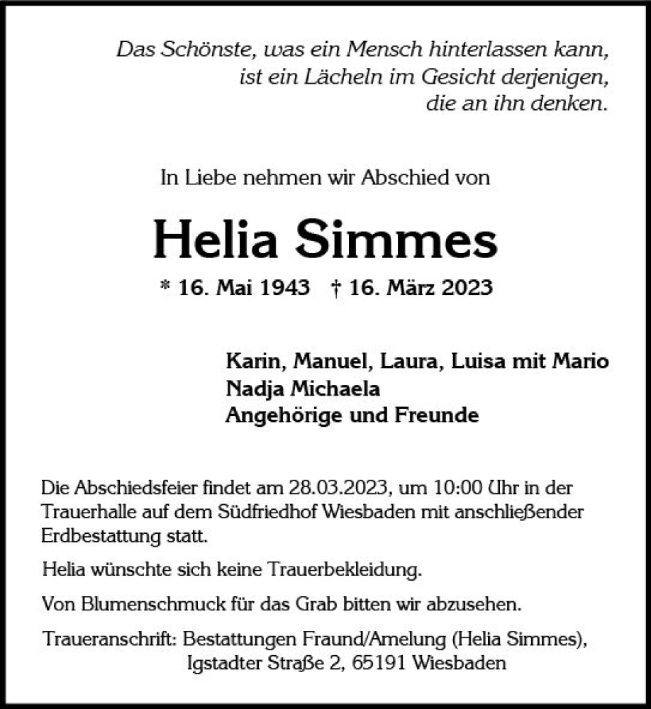 Traueranzeige für Helia Simmes vom 25.03.2023 aus Wiesbadener Kurier